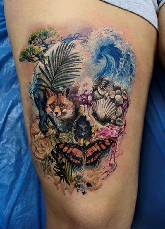 Tatuaje de calavera mariposa, lobo, mar, bosque