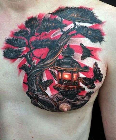 Tatuaje japonés árbol y farol