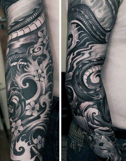 Tatuaje flores de cerezo y dragón - blanco y negro