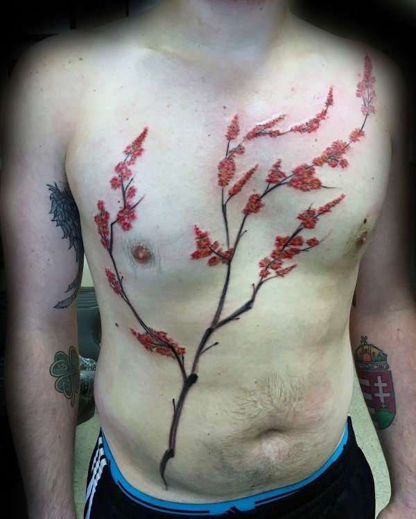 Tatuaje flores de cerezo - cara anterior del torso