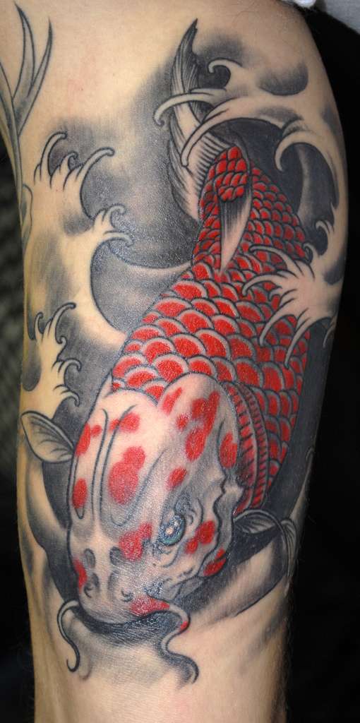 Tatuaje de pez koi rojo sobre blanco y negro