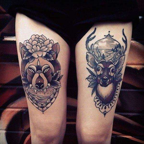 Tatuaje en el muslo - lobo y alce