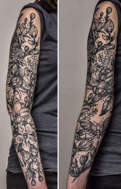 Tatuaje de manga flores en blanco y negro