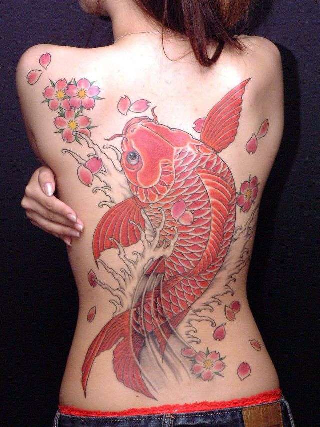 Tatuaje de pez koi rojo en la espalda