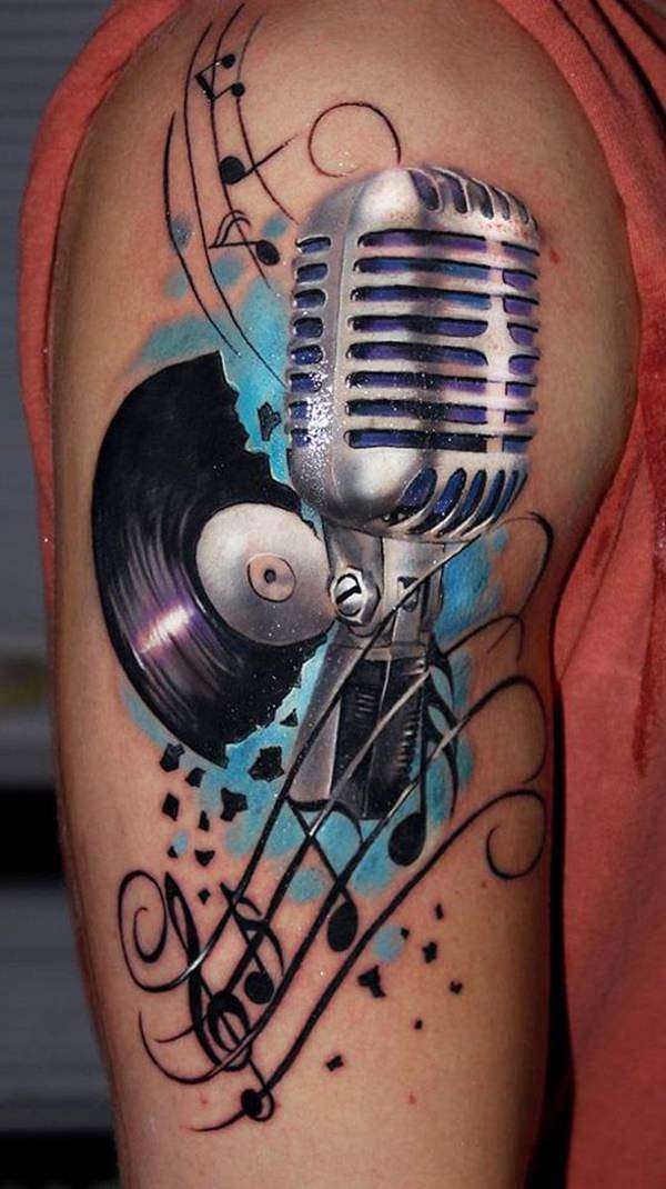 Tatuajes de música: micrófono y disco de pasta