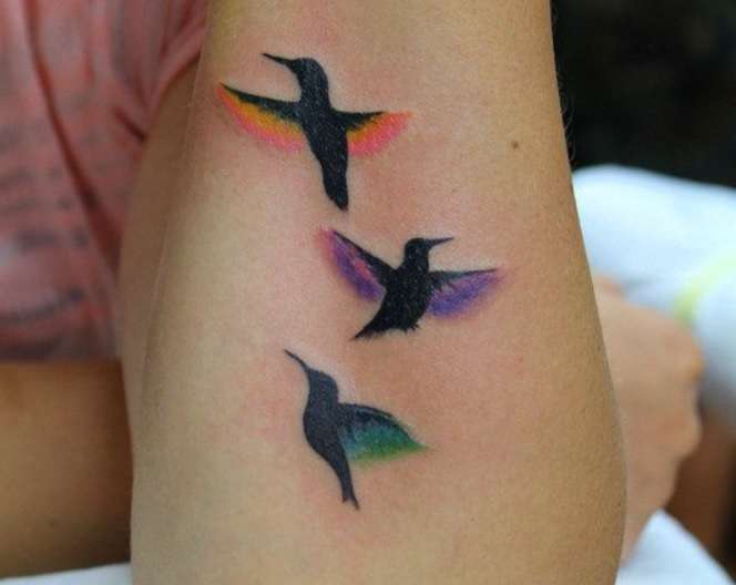 Tatuaje de tres colibríes en antebrazo