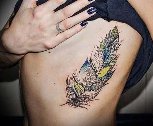 Tatuaje de pluma en verde y azul