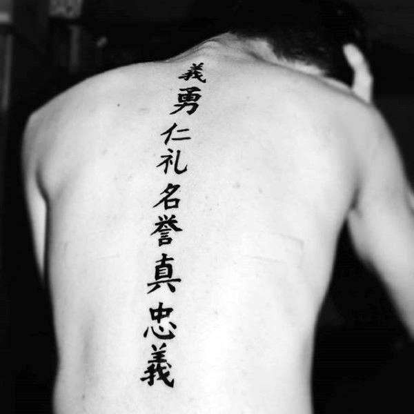 Tatuaje en la columna vertebral, letras chinas
