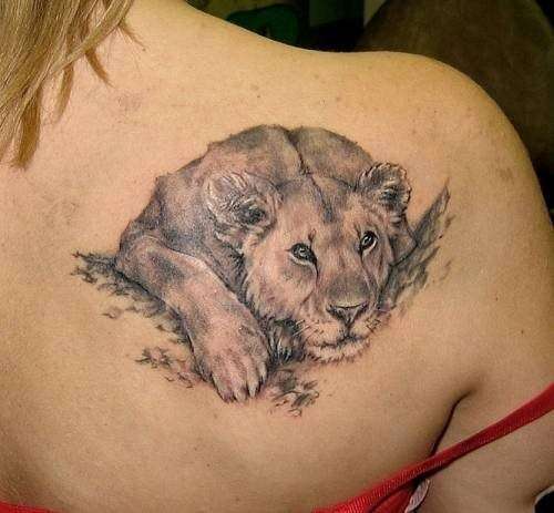 Tatuaje de leona agazapada