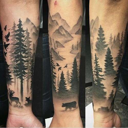 Tatuaje de bosque, oso y venado