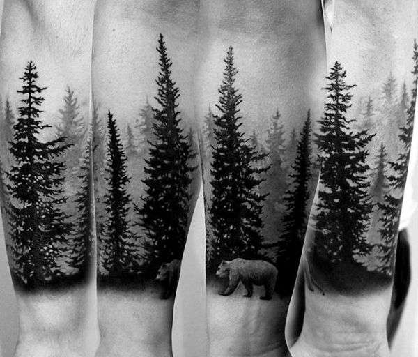 Tatuaje de bosque nevado y oso