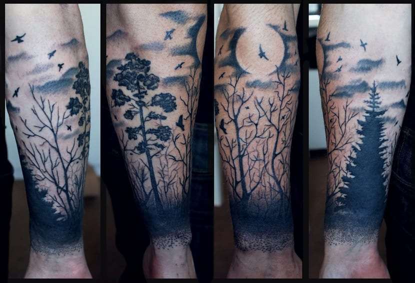 Tatuaje de bosque y paisaje nocturno