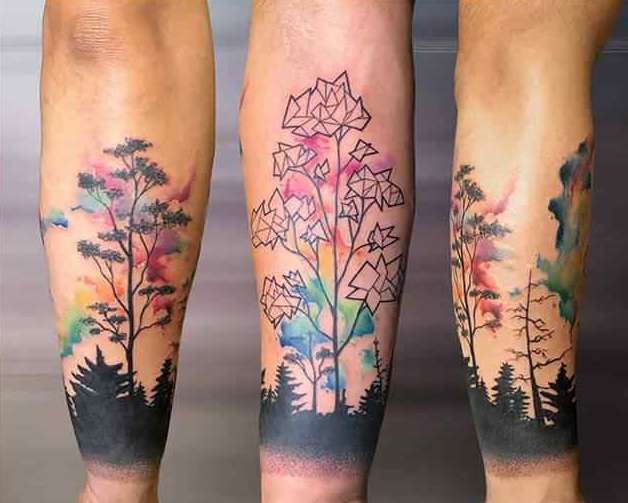 Tatuaje de bosque en acuarela