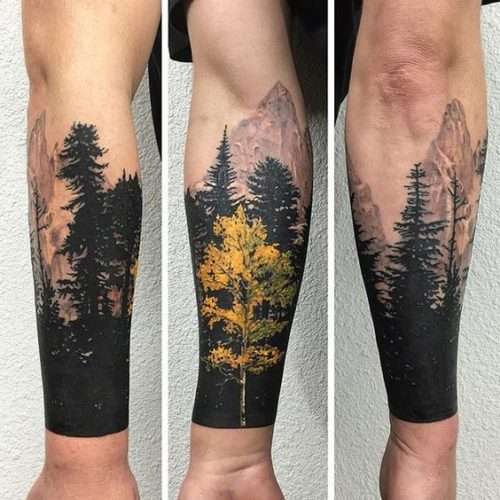 Tatuaje de bosque y montañas