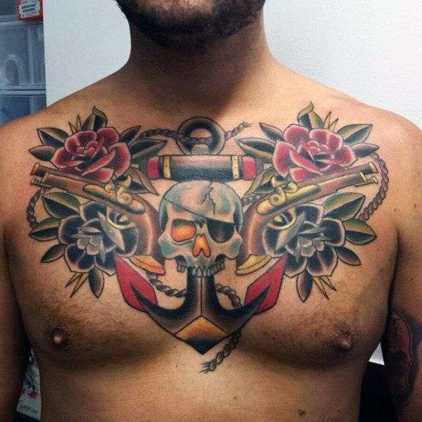Tatuaje de ancla con rosas y calaveras