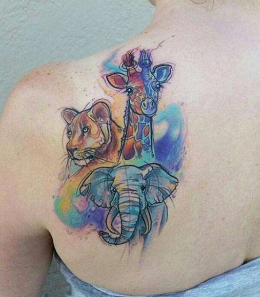 Tatuajes de animales: leona, jirafa, elefante